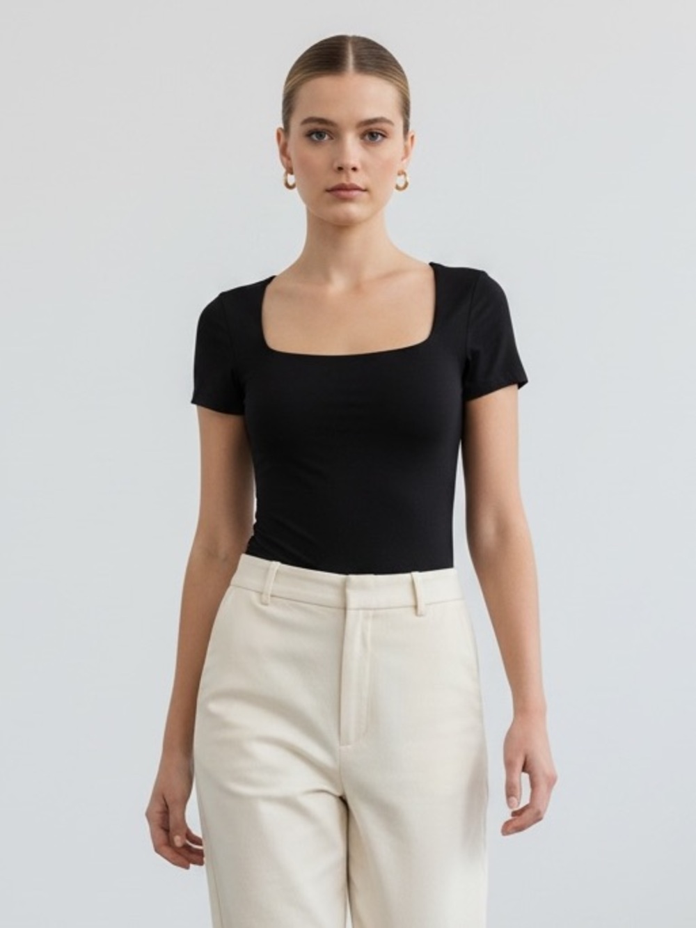 1429 • Black Rounded Square Neck Cheeky Bodysuit w/Double Layer Front